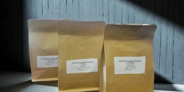 Brown paper coffee bags lined up on a gray surface.
