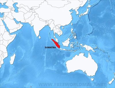 Map highlighting Sumatra island in red within Southeast Asia.
