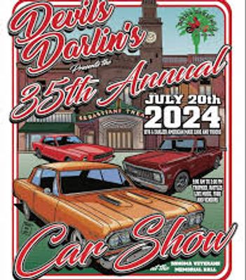 Poster for Devils Darlin's 35th Annual Car Show on July 20th, 2024.