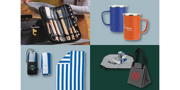 Four branded promotional products. 1. Grilling Kit, 2. Coffee Mugs, 3. Golf Towel, 4. Lunch Bag