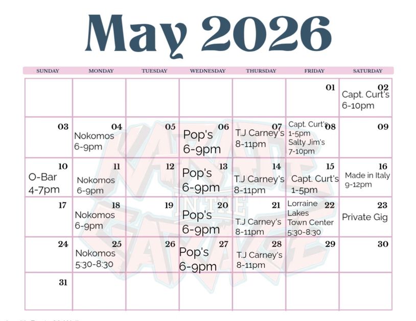 May 2026 calendar with various event schedules at different venues.