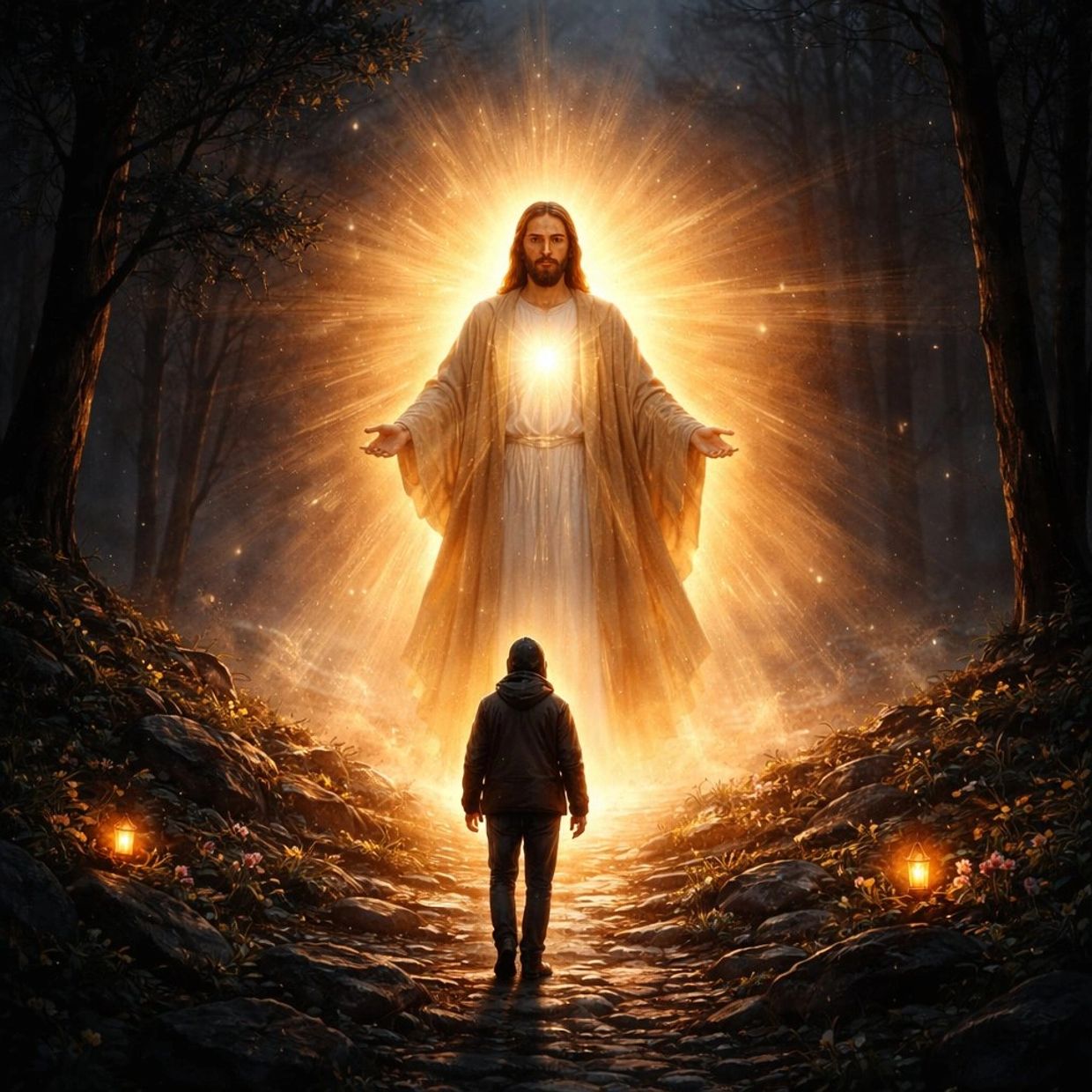A glowing figure of Jesus appears before a person in a dark forest.