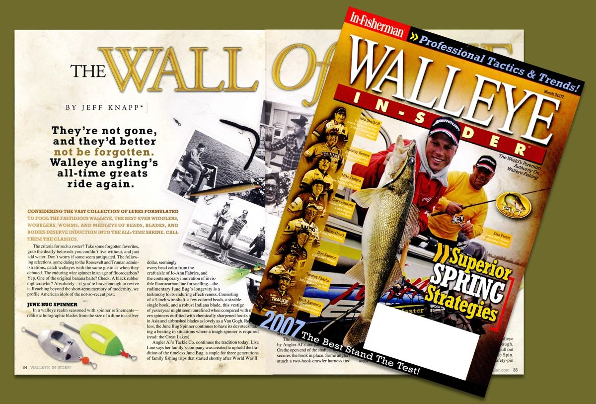 article in 2007 Walleye Insider Fishing Magazine featuring Angler Al's june bug spinners