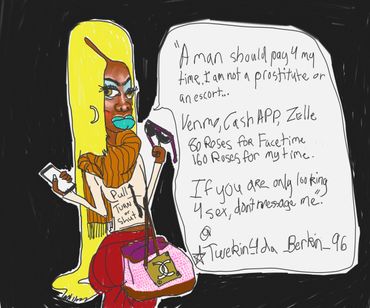 Cartoon of a stylish woman holding a phone with a sign about payment for her time, not prostitution.