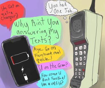 Old cellphone mocks new smartphone's low battery with funny text bubbles.