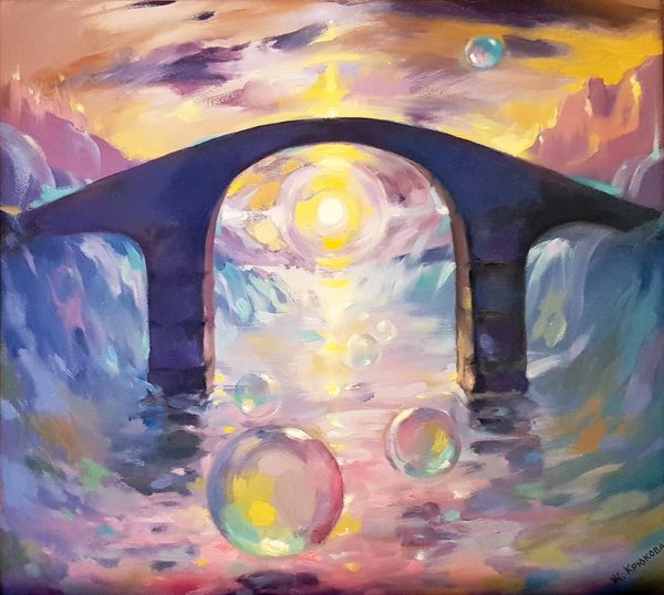 Fantasy painting of worlds connected by the bridge 