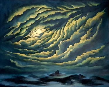 Castle in the moonlight, mysterious shapped clouds under the full moon