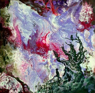 Abstract painting with silhouettes of a cat, tree and owl looking into mysterious mixture of colors