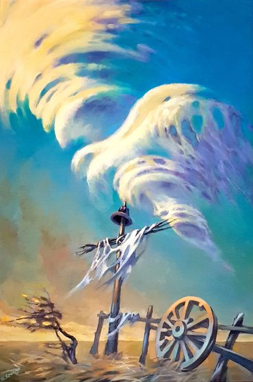 Mystery of Time, scarecrow, old wheel and mysterious shapped cloud