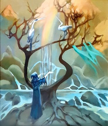Harp shapped tree with a harper, rainbow going from the strings in a landscape with mountains, rivers