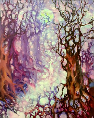 Mysterious whimsical forest, silhouette of a white deer under full moon