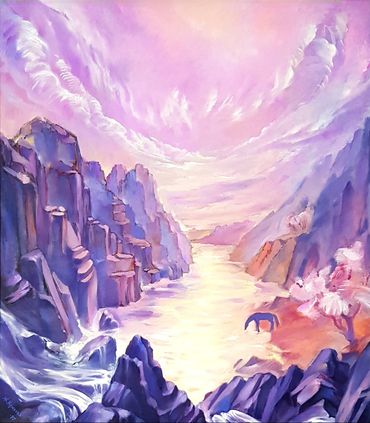Whimsical magical landscape of a mountains, waterfall, horse under the purple and pink sky