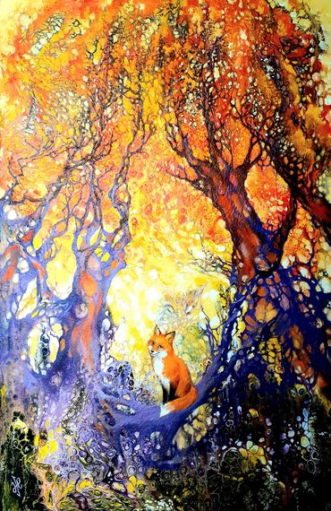 Little fox sitting in the enchanted forest, big trees have lots of roots and branches