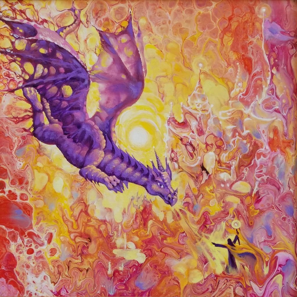 Dragon is flying over fire looking background