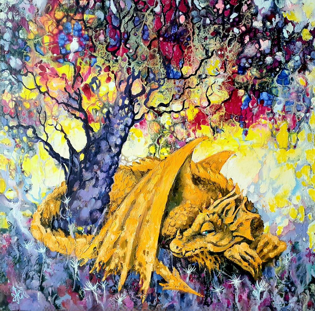 Dragon is sleeping under a flowered tree