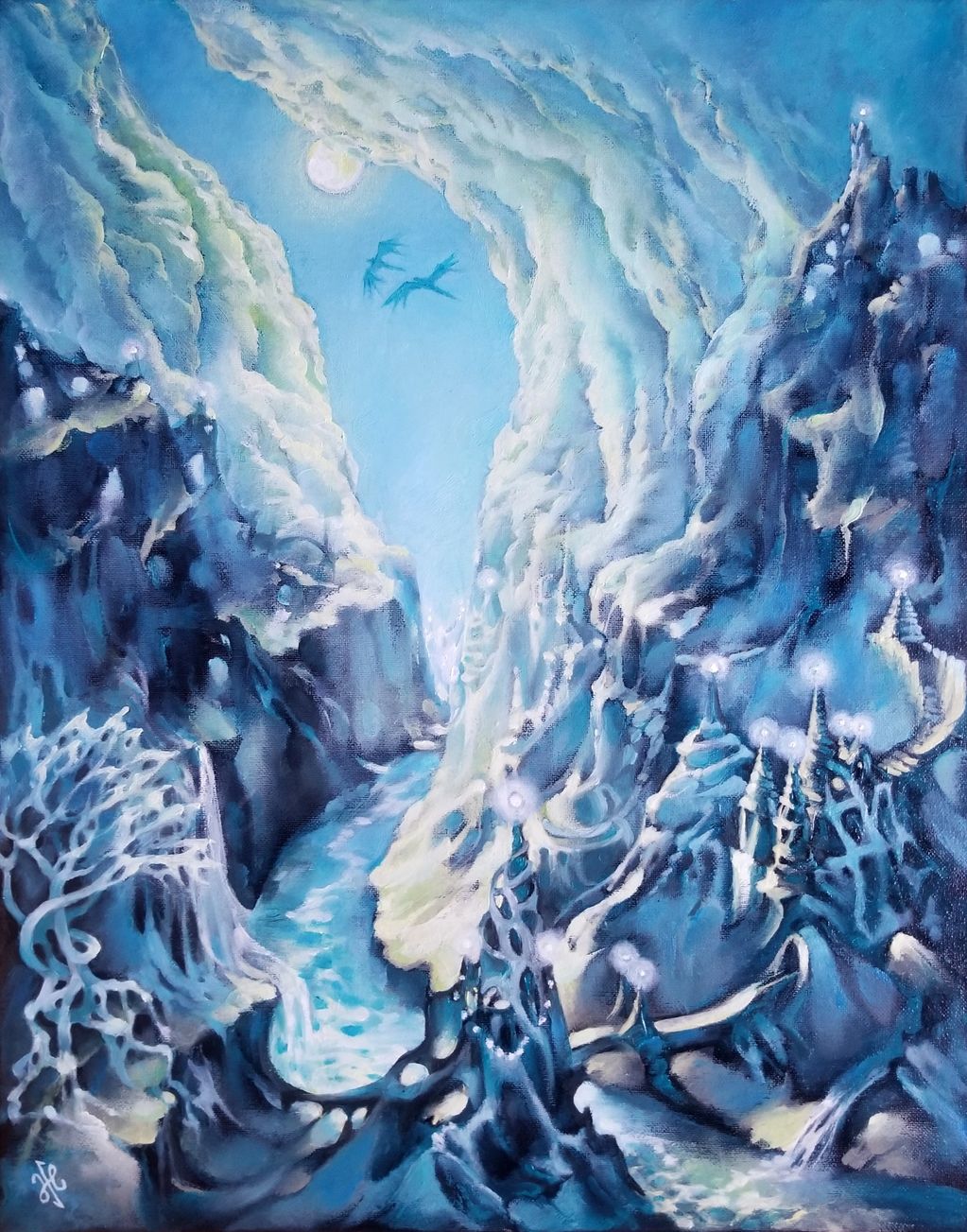Moonlit landscape with castles on the mountains and flying dragons