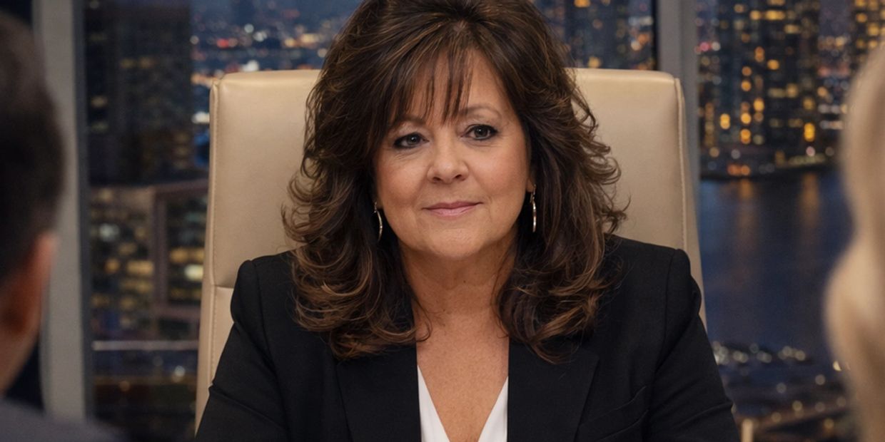 A confident woman in a black blazer sits in an office with city lights behind her.