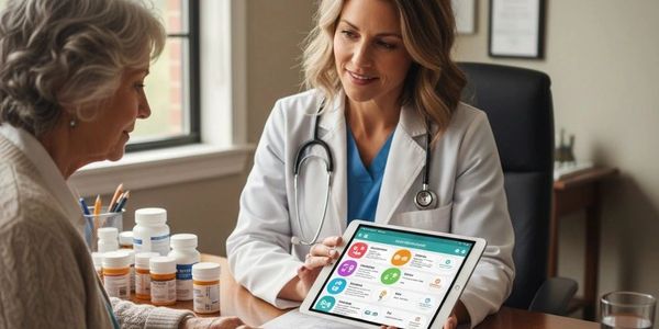 Doctor discussing medication and health data with an elderly patient.