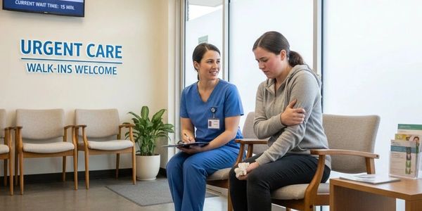 A nurse talks to a concerned woman in an urgent care waiting room.