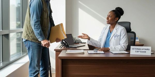 A doctor consulting a veteran during a VA C&amp;P exam.