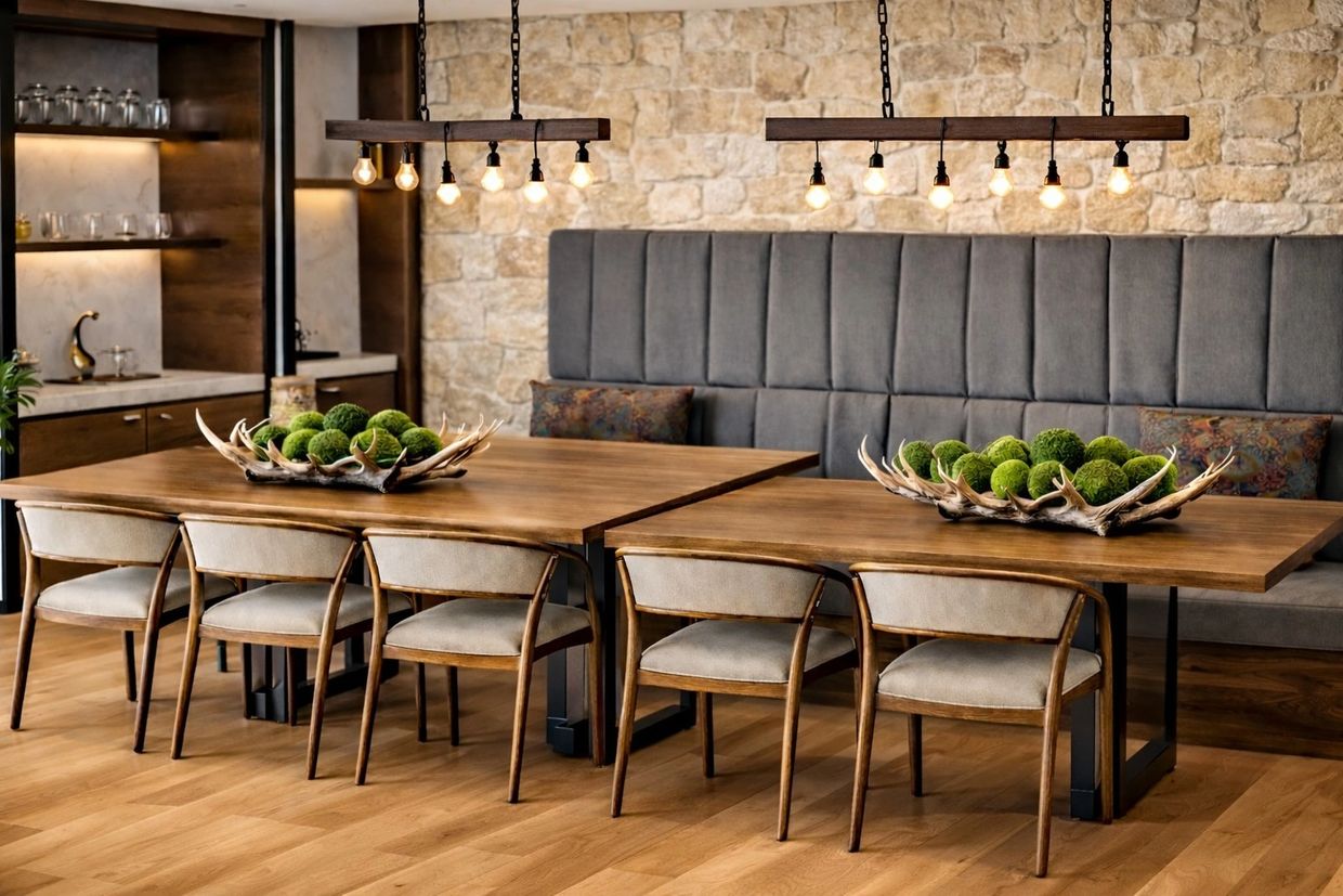 Modern dining area with wooden tables and green decorative balls.