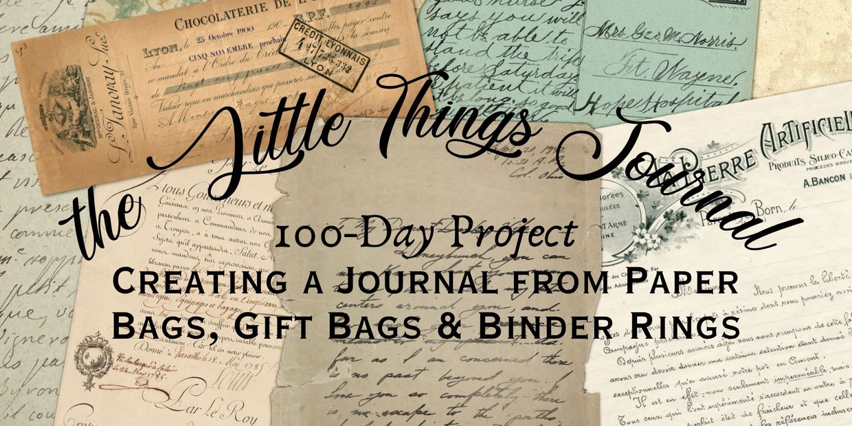 Vintage papers with text about a 100-day journal project using paper bags and binder rings.