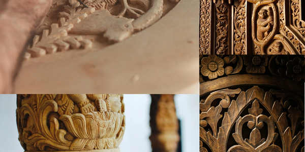 Detailed wood carving art showing hands, pillars, and ornate patterns.