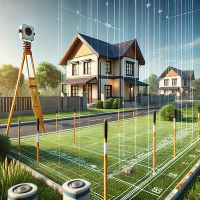 A precise land survey with a total station and markers, showcasing property measurement and SRPR.