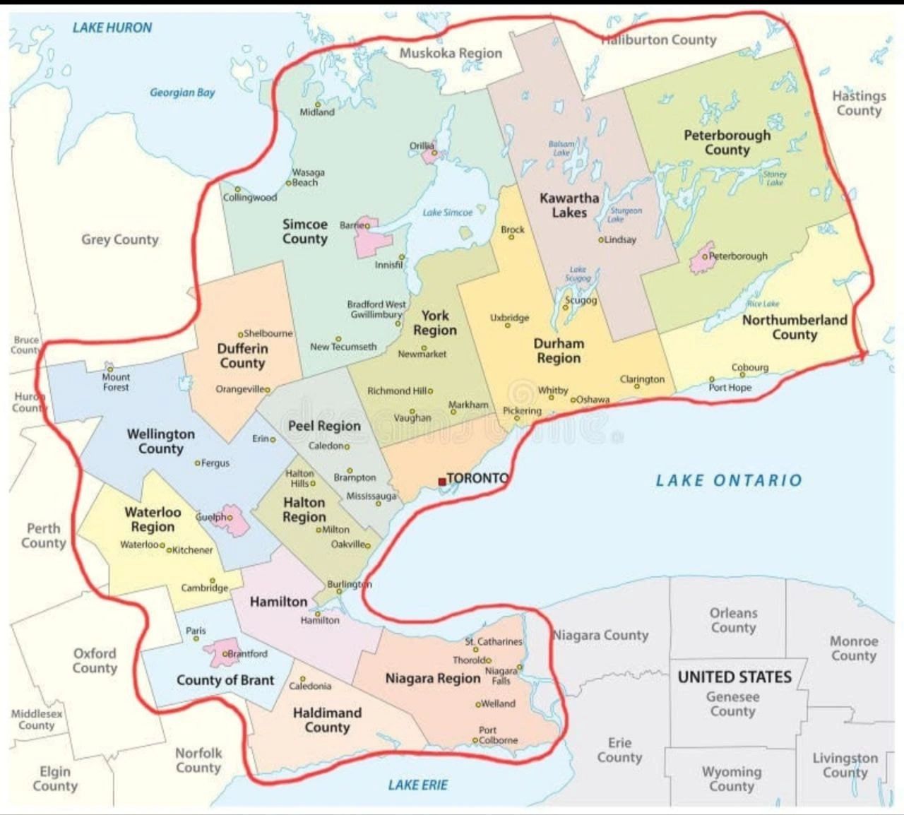 Map of southern Ontario showing the GTA, York Region, Barrie, and Simcoe County.