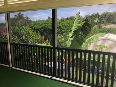 Balcony with green carpet and tropical plants outside.