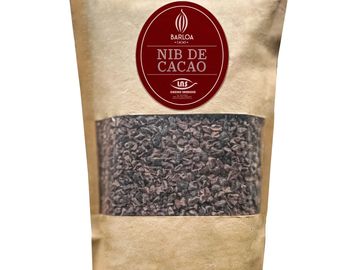 Bag of Barloa brand cacao nibs with clear window showing contents.