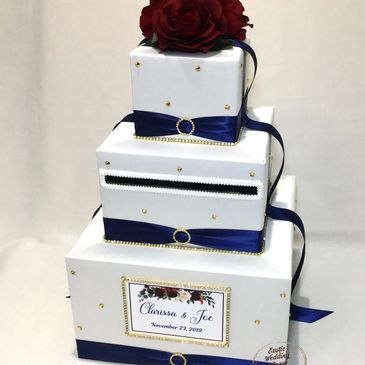 Elegant White, Navy, and Burgundy Wedding Gift Card Holder Box