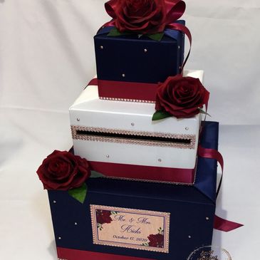 Exquisite Navy, Burgundy and Ivory Wedding Card Box with Rose Gold accents