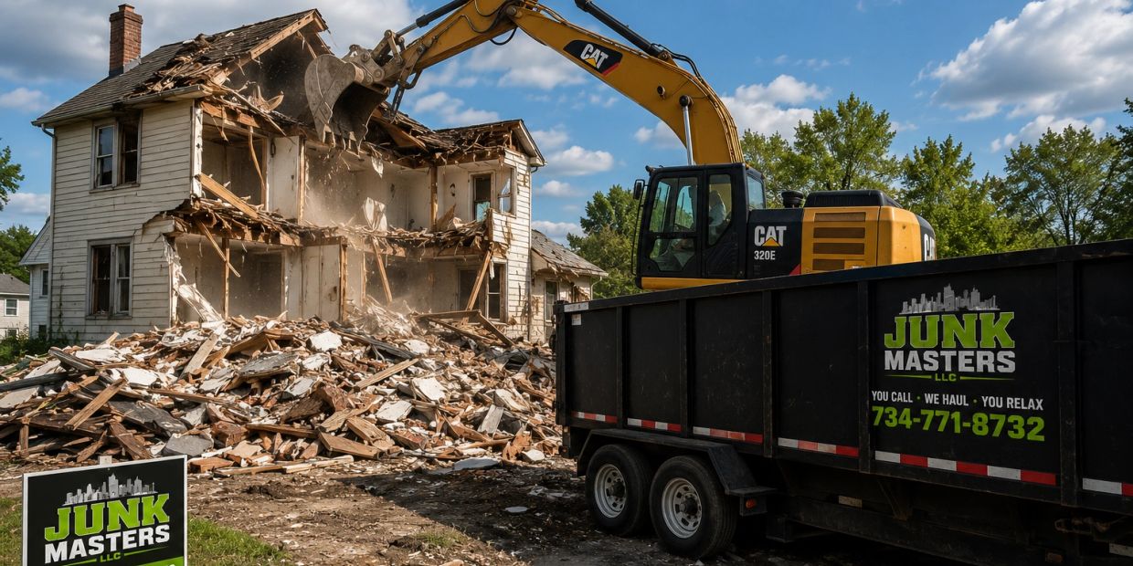 Excavator demolishing an old house with Junk Masters trailer.