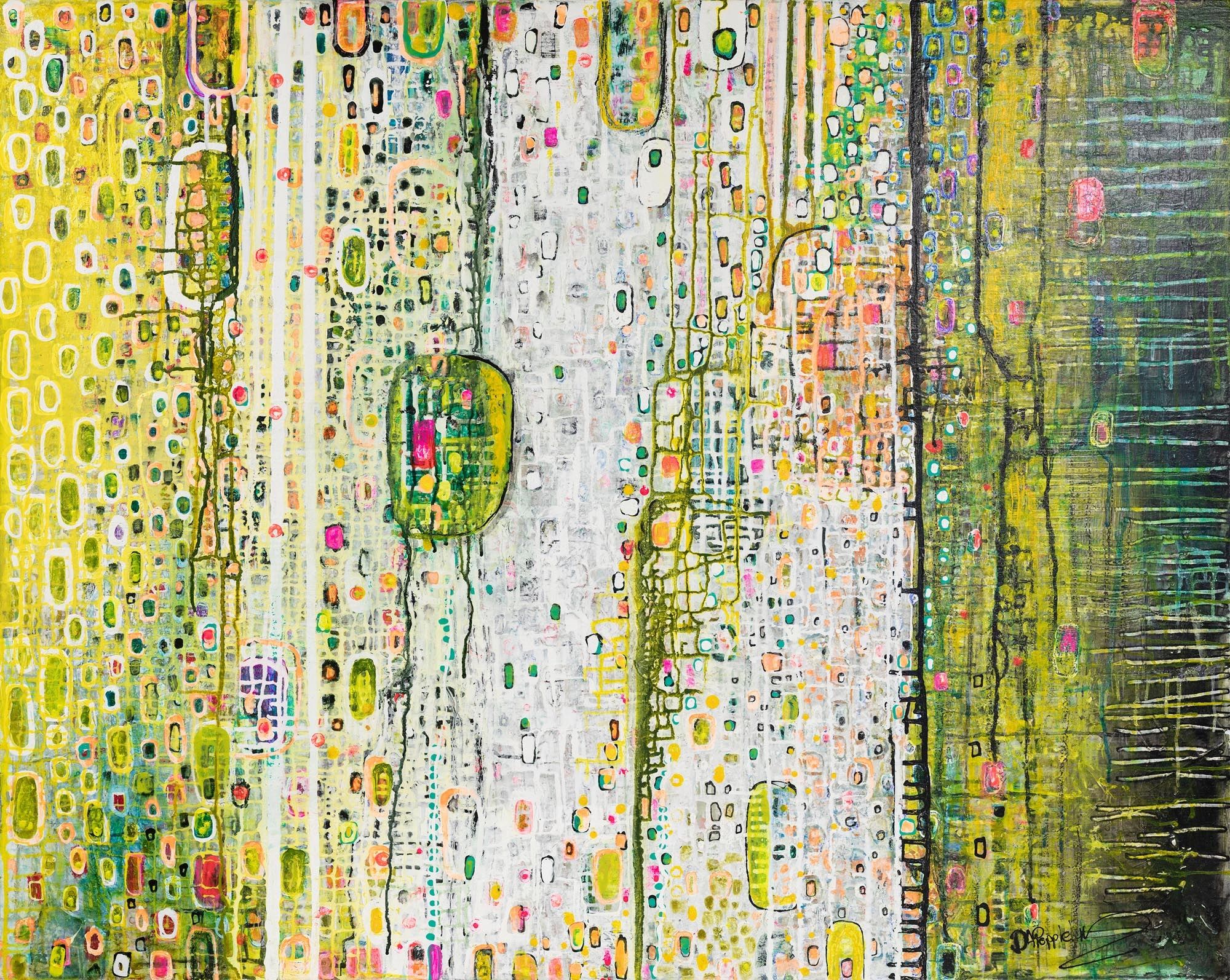 Abstract painting with colorful oval and rectangular shapes.