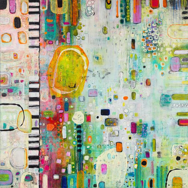Colorful abstract painting with geometric shapes and vibrant patterns.