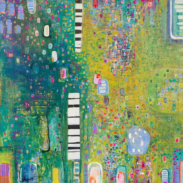 Abstract painting with vibrant colors and geometric shapes.