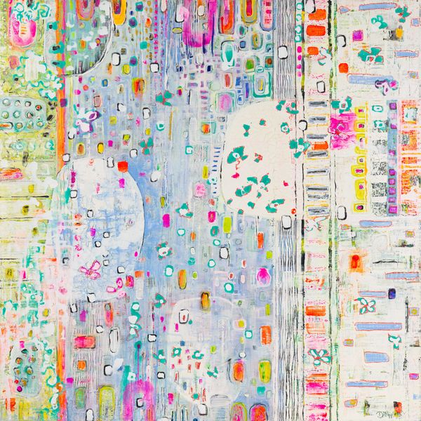 Colorful abstract painting with geometric shapes and dots.