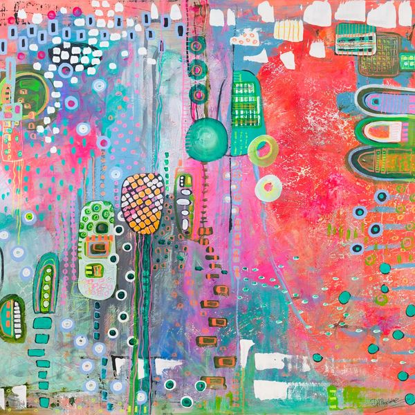 Colorful abstract painting with geometric shapes.