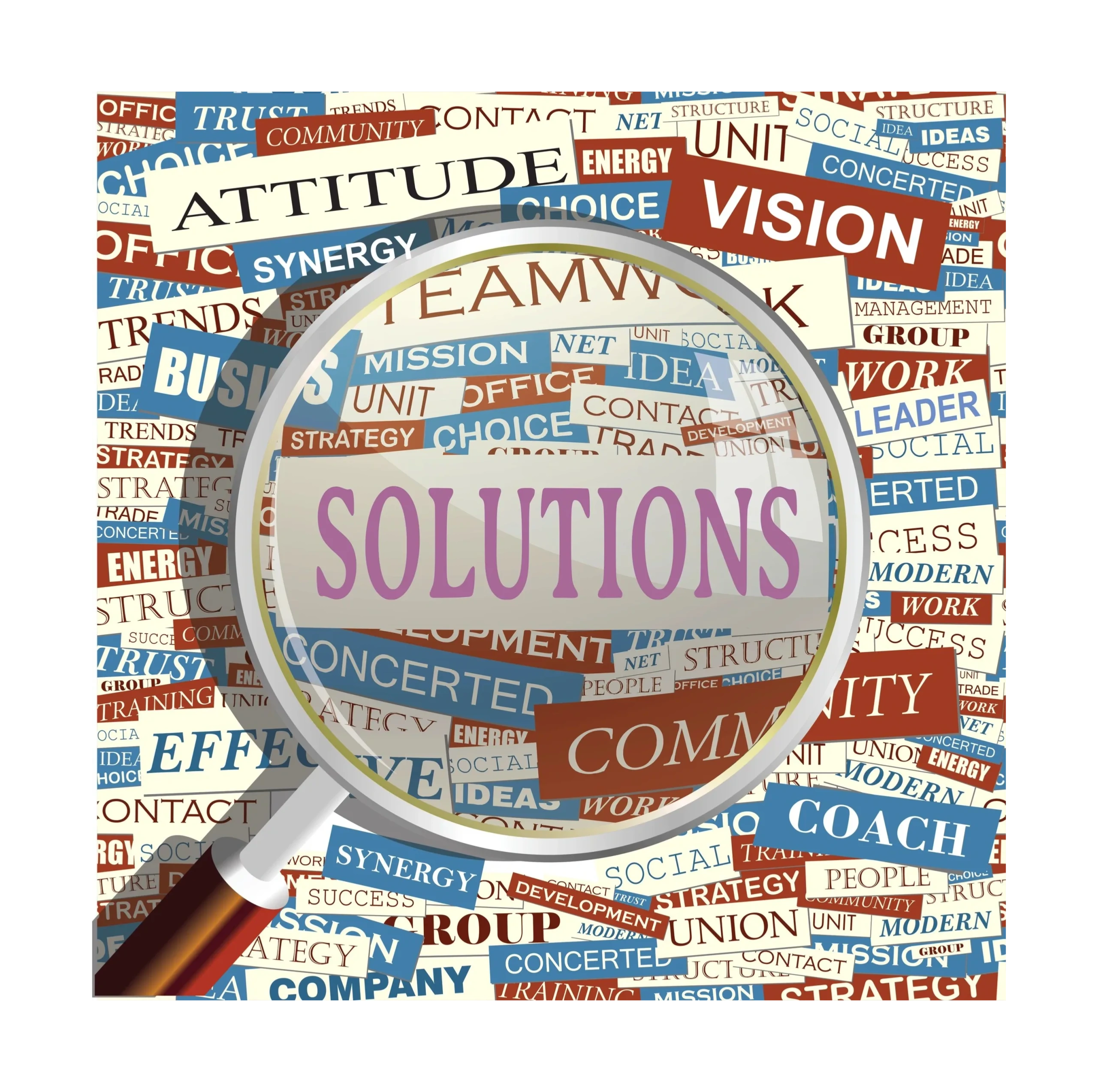 Magnifying glass over business and teamwork buzzwords.