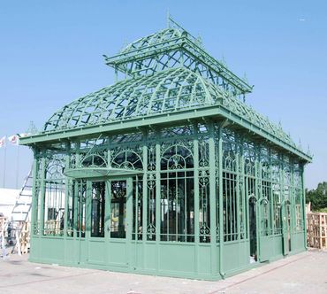 gothic glass victorian greenhouse during construction. Glass not yet added