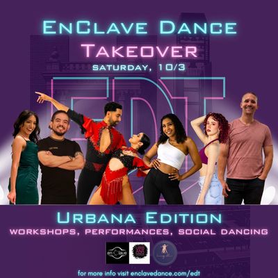 EnClave Dance Takeover Urbana Edition event flyer with dancers and social dancing info.