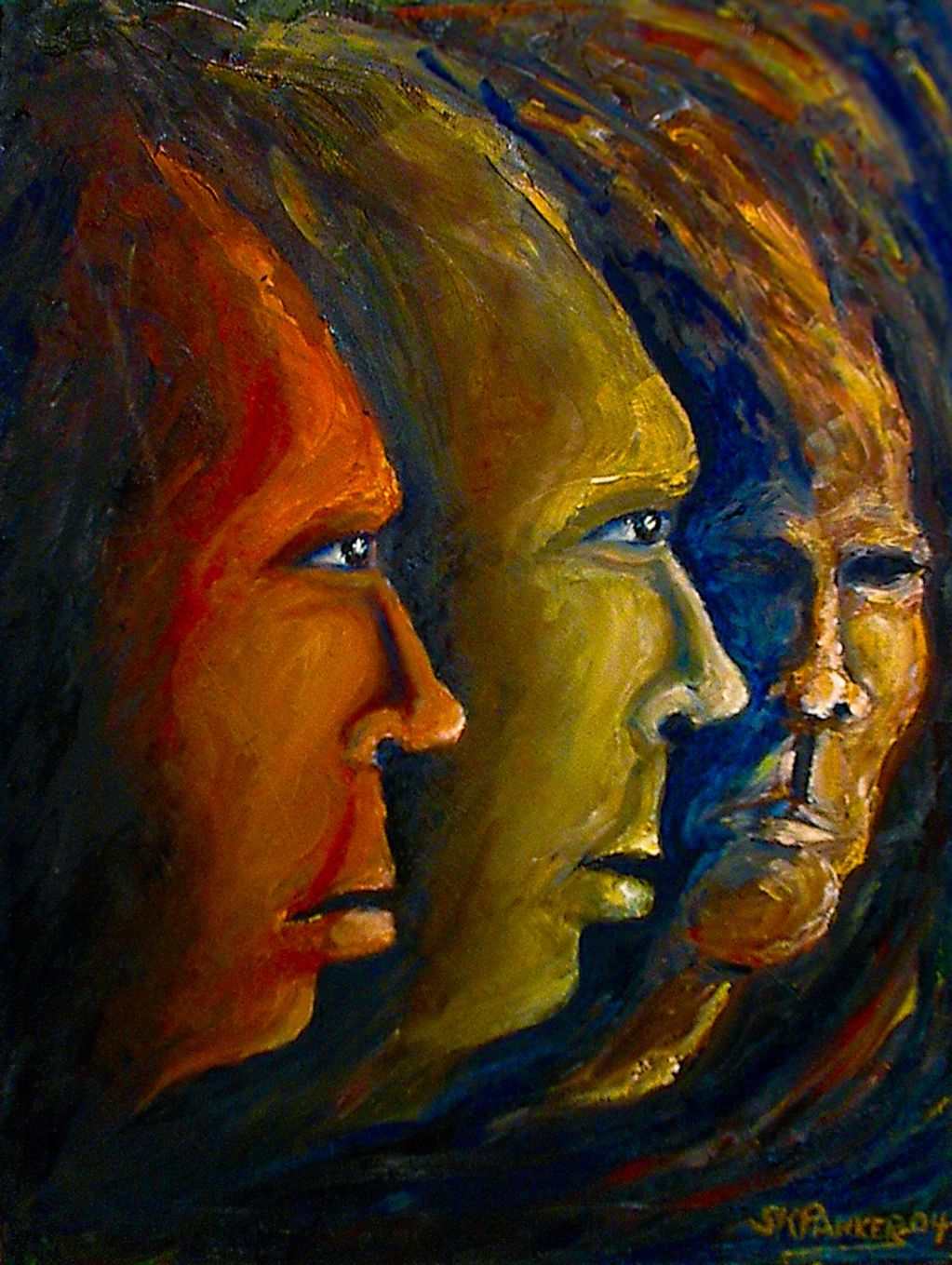 Oil Painting of three profiles.  One of which is evil.  "Third Down Solution" by SKParker