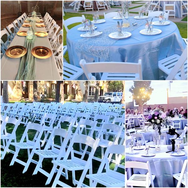 Elegant white resin chairs, round or rectangle tables, various colors in linens and runners!