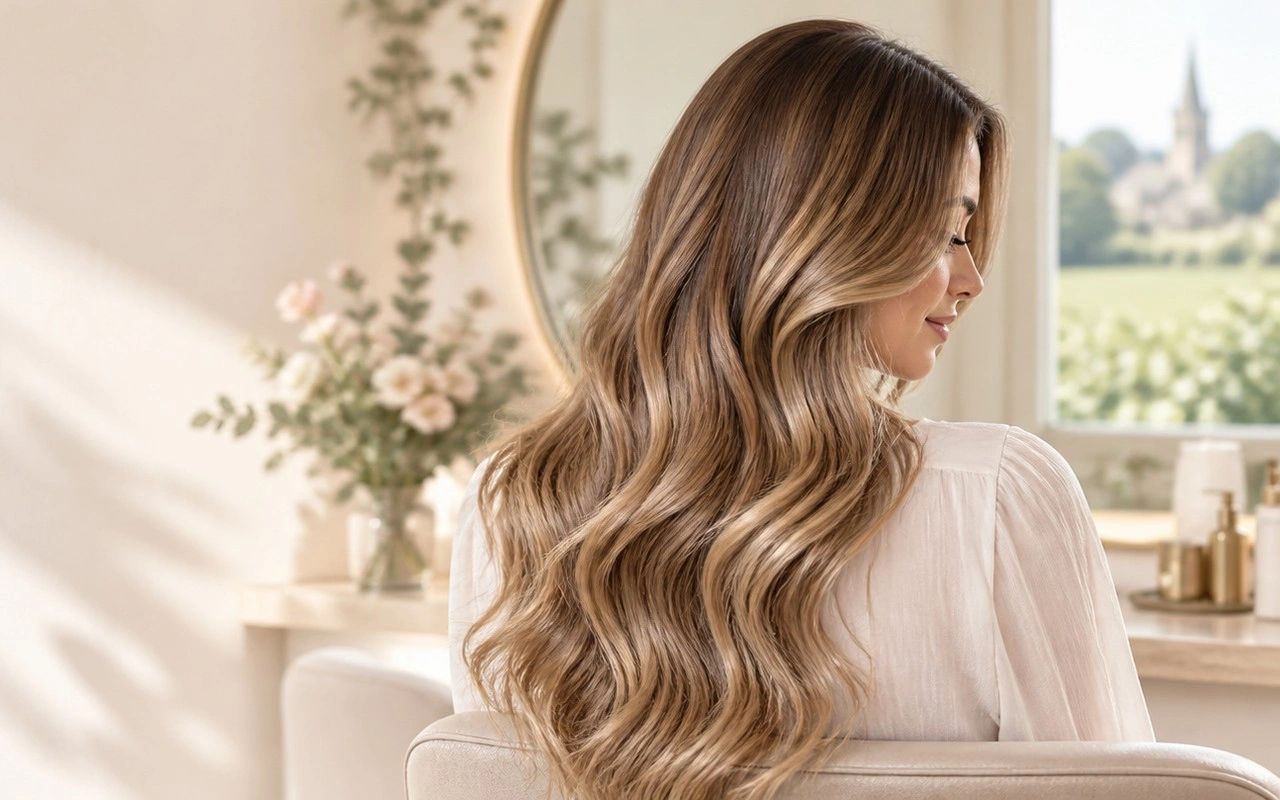 Long blonde balayage waves in a calm, light-filled salon – Secret Escape hair salon near Royston