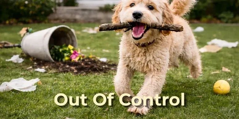 Hyperactive dog showing out of control behavior, overstimulation, and inability to settle