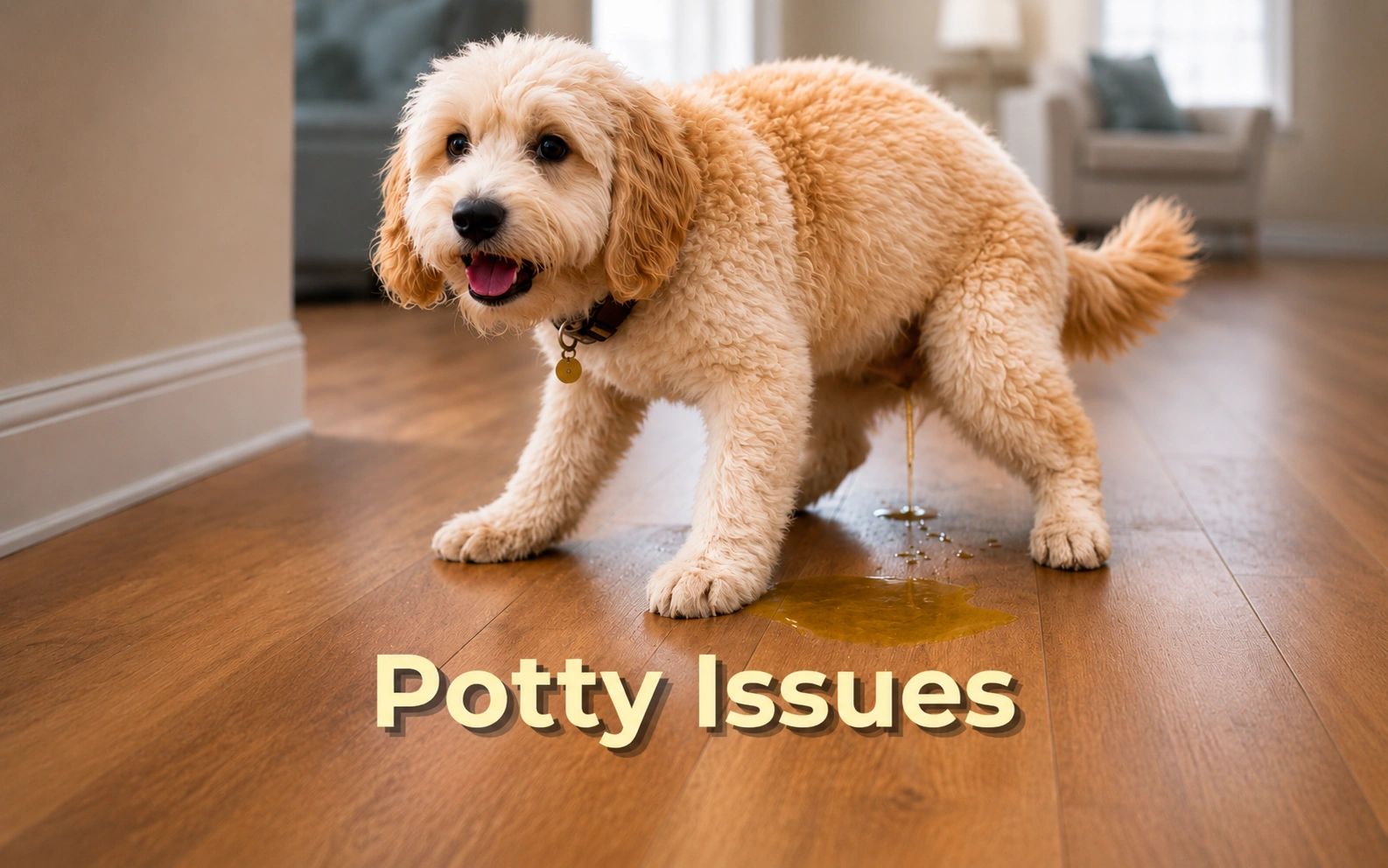 Puppy having indoor potty accident from overstimulation, stress, and inconsistent potty training