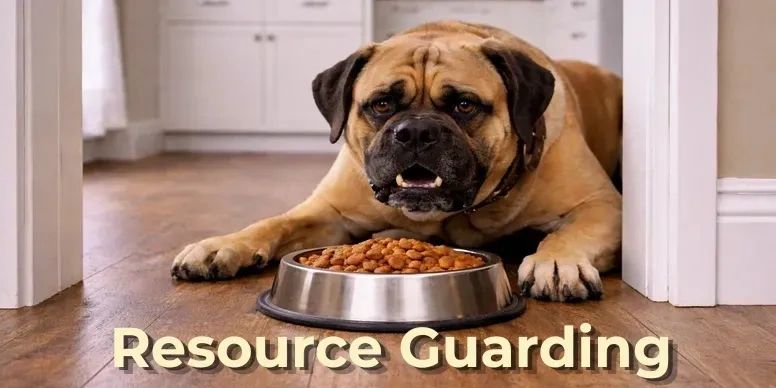 Dog showing food aggression and resource guarding behavior around food bowl