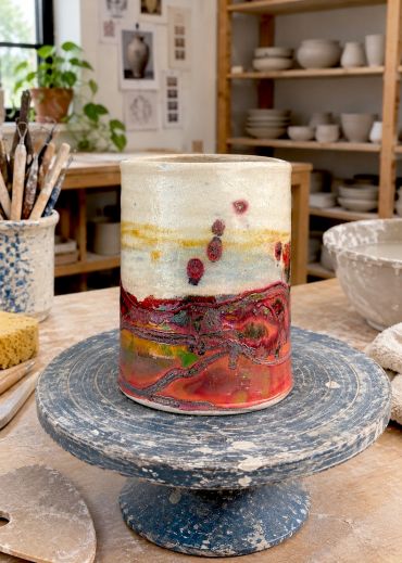 Handcrafted ceramic pot on a potter's wheel.