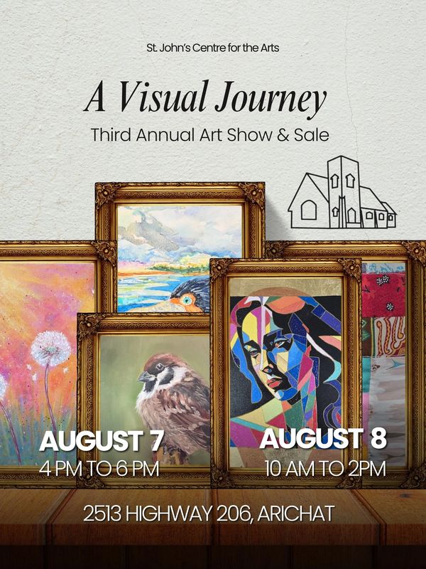 Art show poster featuring framed paintings, dates, and venue details.